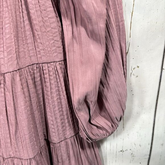 Storia Mauve Boho Tiered Mini Dress Long Sleeve Deep V Cottagecore Romantic - Picture 8 of 14